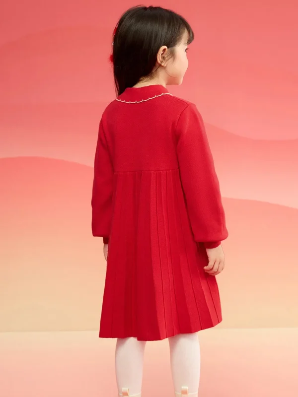 Balabala Girl New Chinese Style Knitted Dress 2025 Winter New Red Pleated Princess New Year's Dress Chinese Red Sale