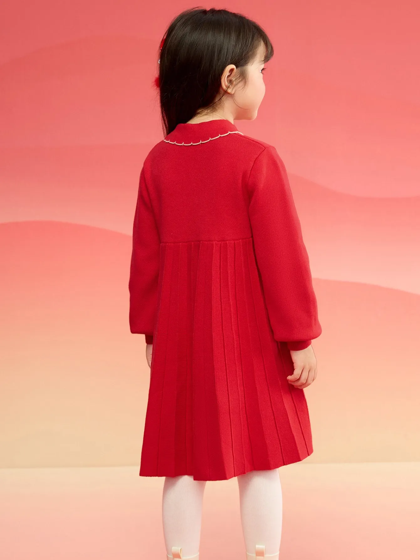 Balabala Girl New Chinese Style Knitted Dress 2025 Winter New Red Pleated Princess New Year's Dress Chinese Red Sale