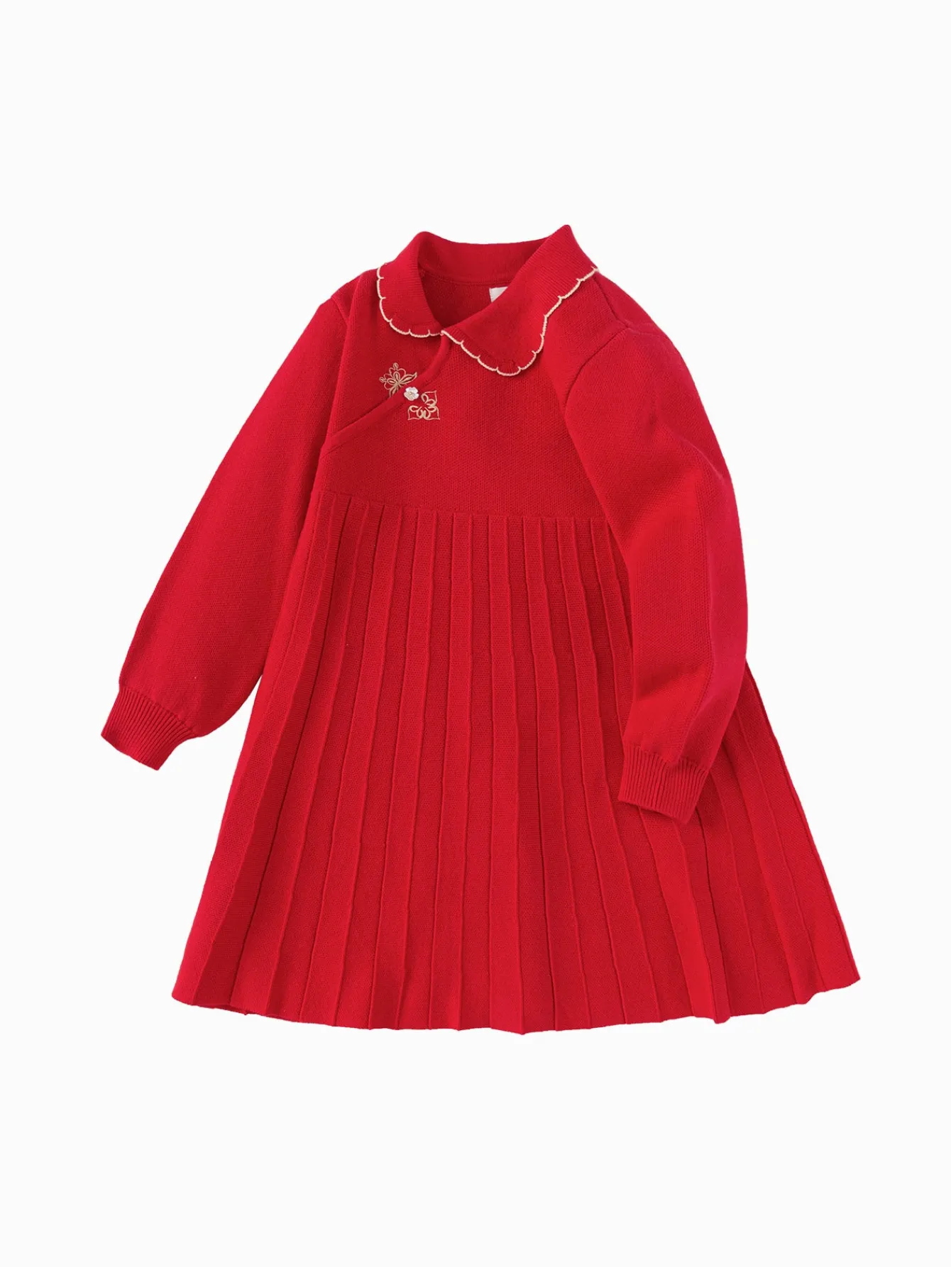 Balabala Girl New Chinese Style Knitted Dress 2025 Winter New Red Pleated Princess New Year's Dress Chinese Red Sale