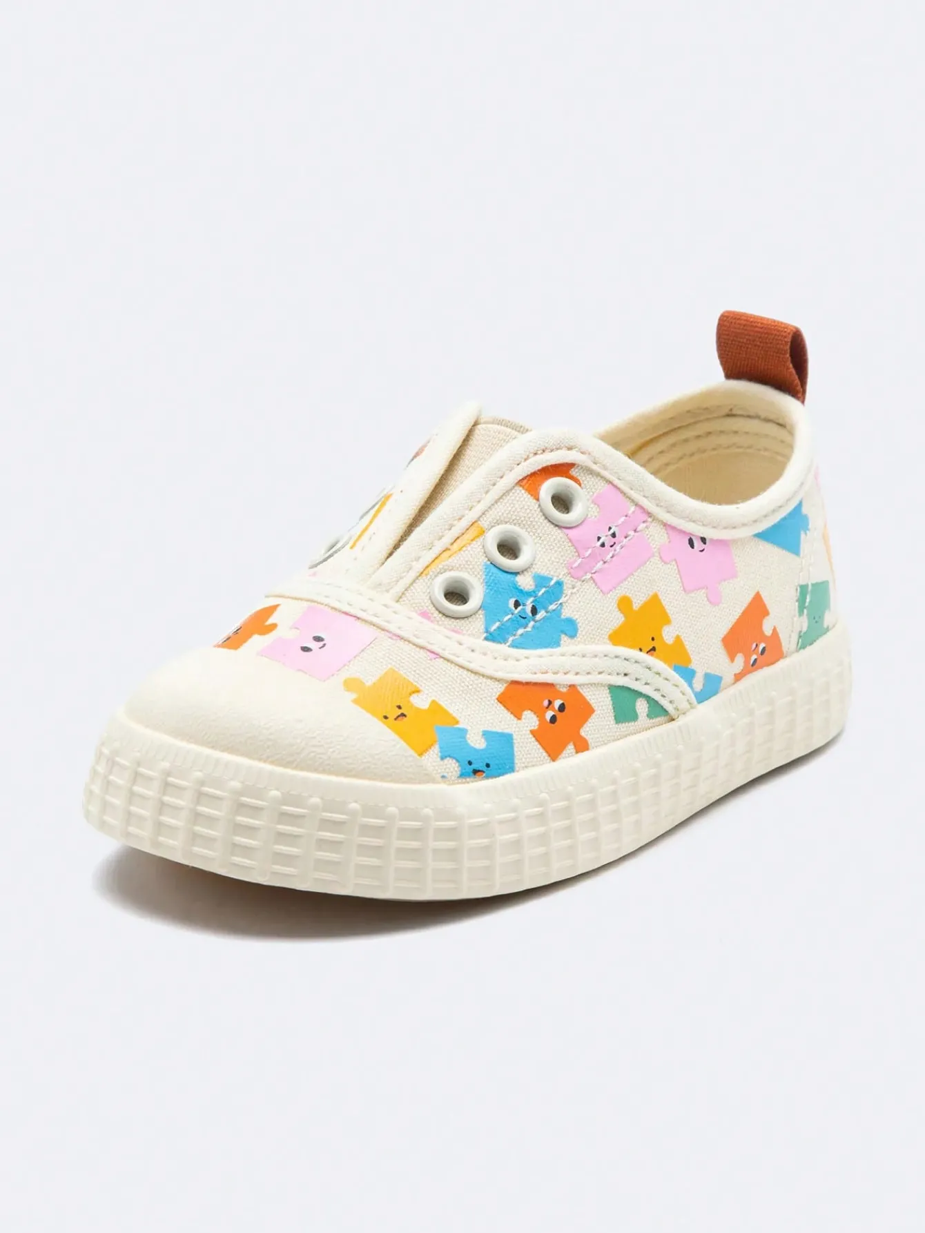 Balabala Girls Cute Colorful Puzzle Printed Comfortable Non-Slip Slip-On Canvas Shoes White Outlet