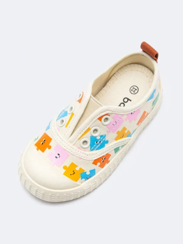 Balabala Girls Cute Colorful Puzzle Printed Comfortable Non-Slip Slip-On Canvas Shoes White Outlet