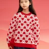 Balabala Girls' Knitwear, Children's Knitwear, 2024 Winter New Heart Design Middle and Large Children's Knitted Top Fashionable Red White Sale