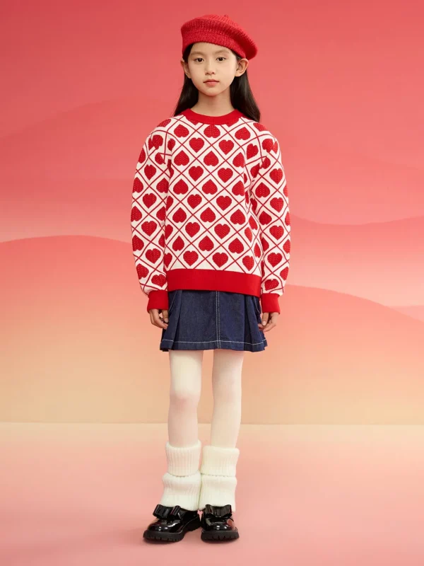 Balabala Girls' Knitwear, Children's Knitwear, 2024 Winter New Heart Design Middle and Large Children's Knitted Top Fashionable Red White Sale