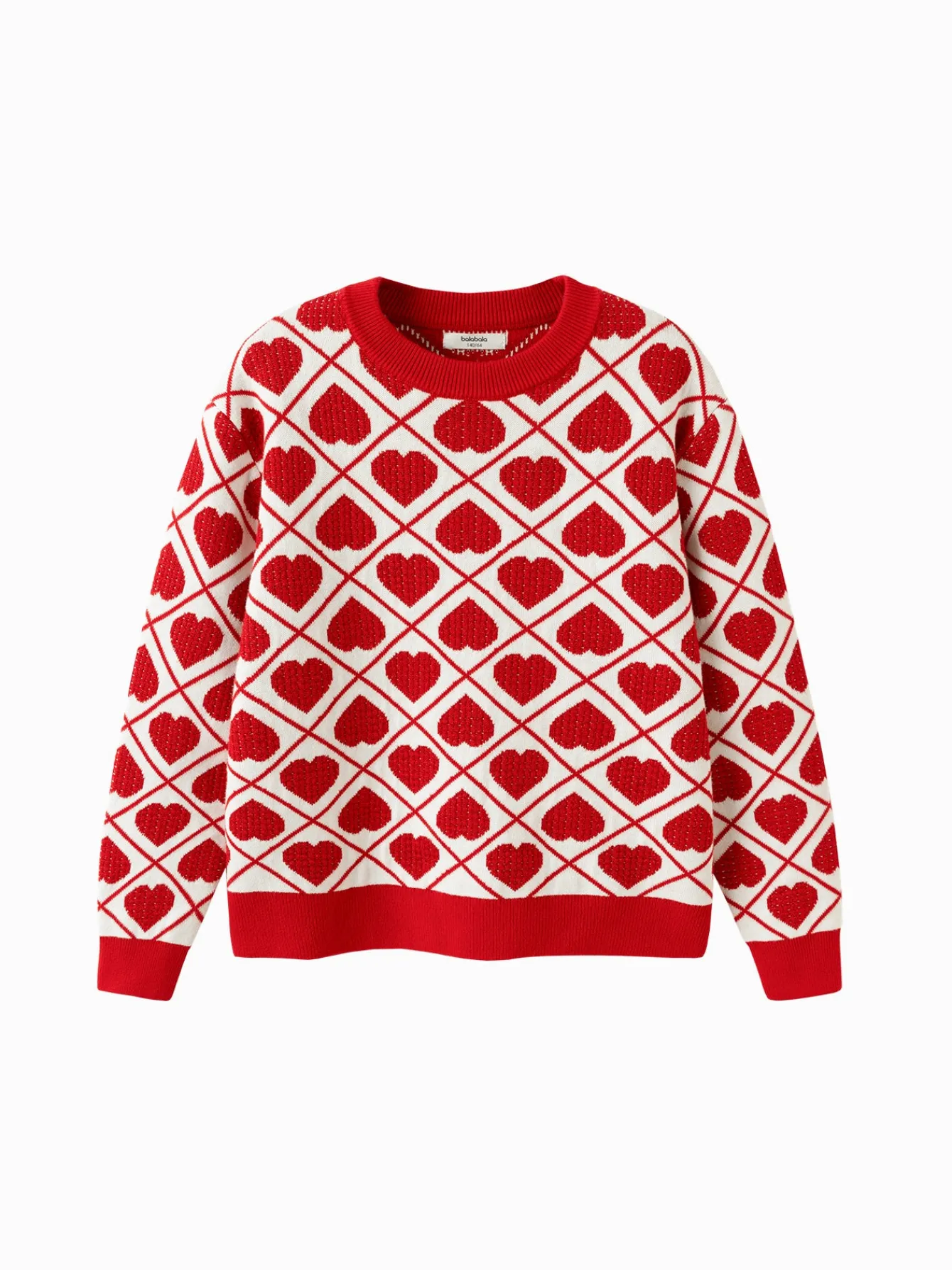 Balabala Girls' Knitwear, Children's Knitwear, 2024 Winter New Heart Design Middle and Large Children's Knitted Top Fashionable Red White Sale