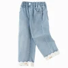 Balabala girls' long pants loose straight denim pants 2025 spring new embroidered pants Denim Light Blue Sale