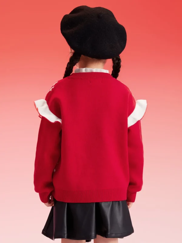 Balabala Girls Sweater Children Jacquard Knitwear 2024 Winter New Color-Block Knitwear Top Red Fashion Chinese Red Cheap