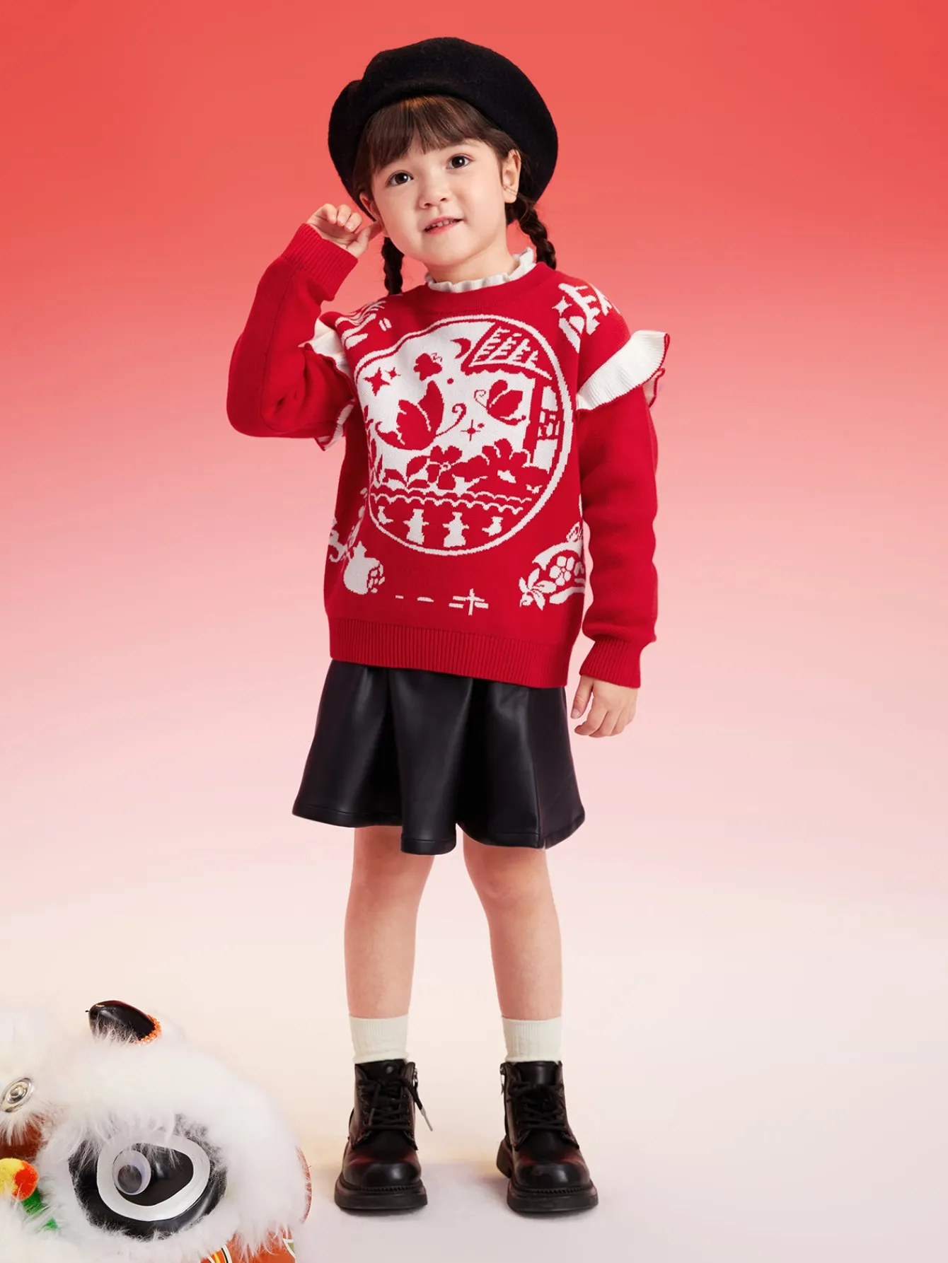 balabala_girls_sweater_children_jacquard_knitwear__winter_new_colorblock_knitwear_top_red_fashion_2.webp Balabala Girls Sweater Children Jacquard Knitwear 2024 Winter New Color-Block Knitwear Top Red Fashion Chinese Red Cheap