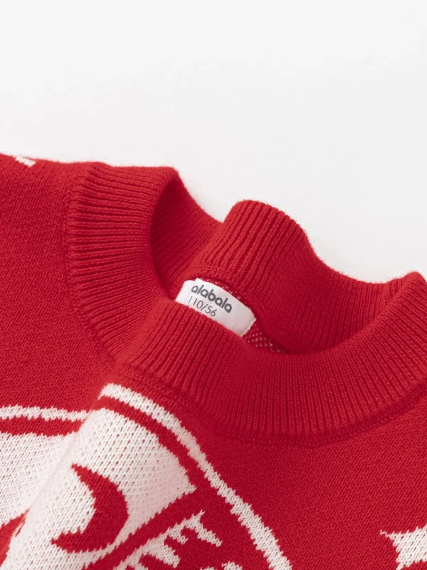 Balabala Girls Sweater Children Jacquard Knitwear 2024 Winter New Color-Block Knitwear Top Red Fashion Chinese Red Cheap