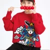 Balabala Kids Boy 100% Cotton Red Rabbit Propitious Clouds Crew Neck Jumper 7-14 Years Cheap