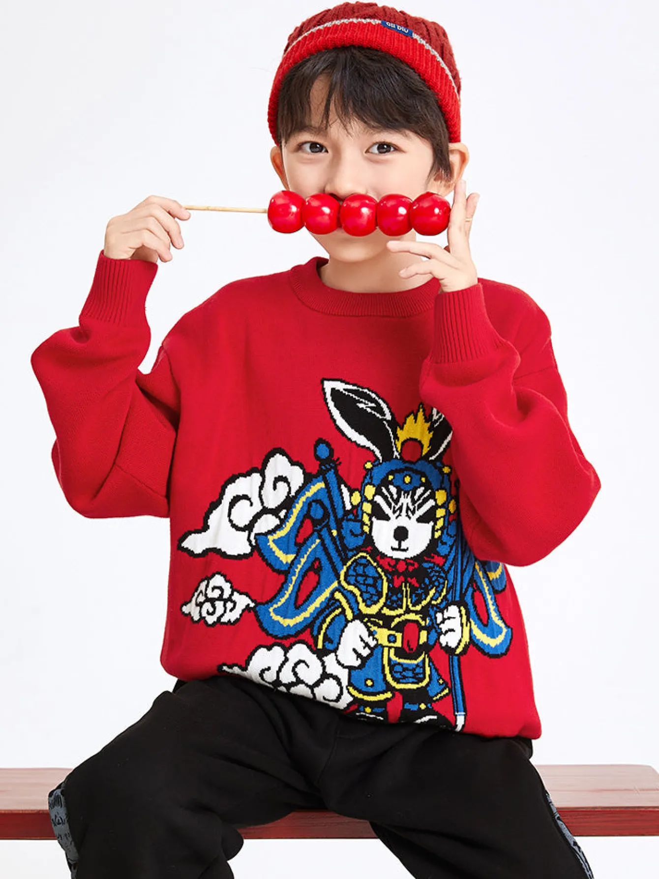 Balabala Kids Boy 100% Cotton Red Rabbit Propitious Clouds Crew Neck Jumper 7-14 Years Cheap