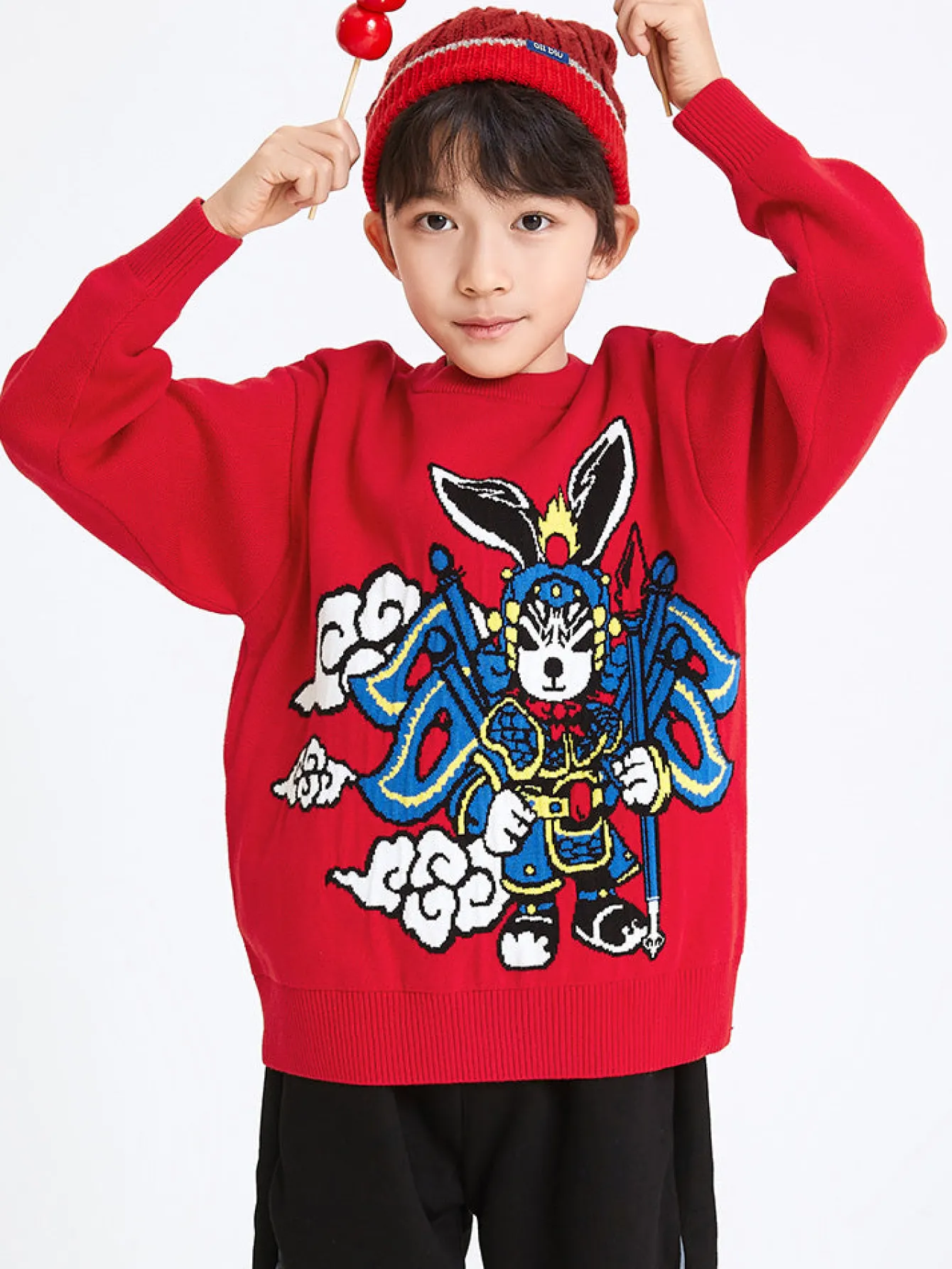 Balabala Kids Boy 100% Cotton Red Rabbit Propitious Clouds Crew Neck Jumper 7-14 Years Cheap