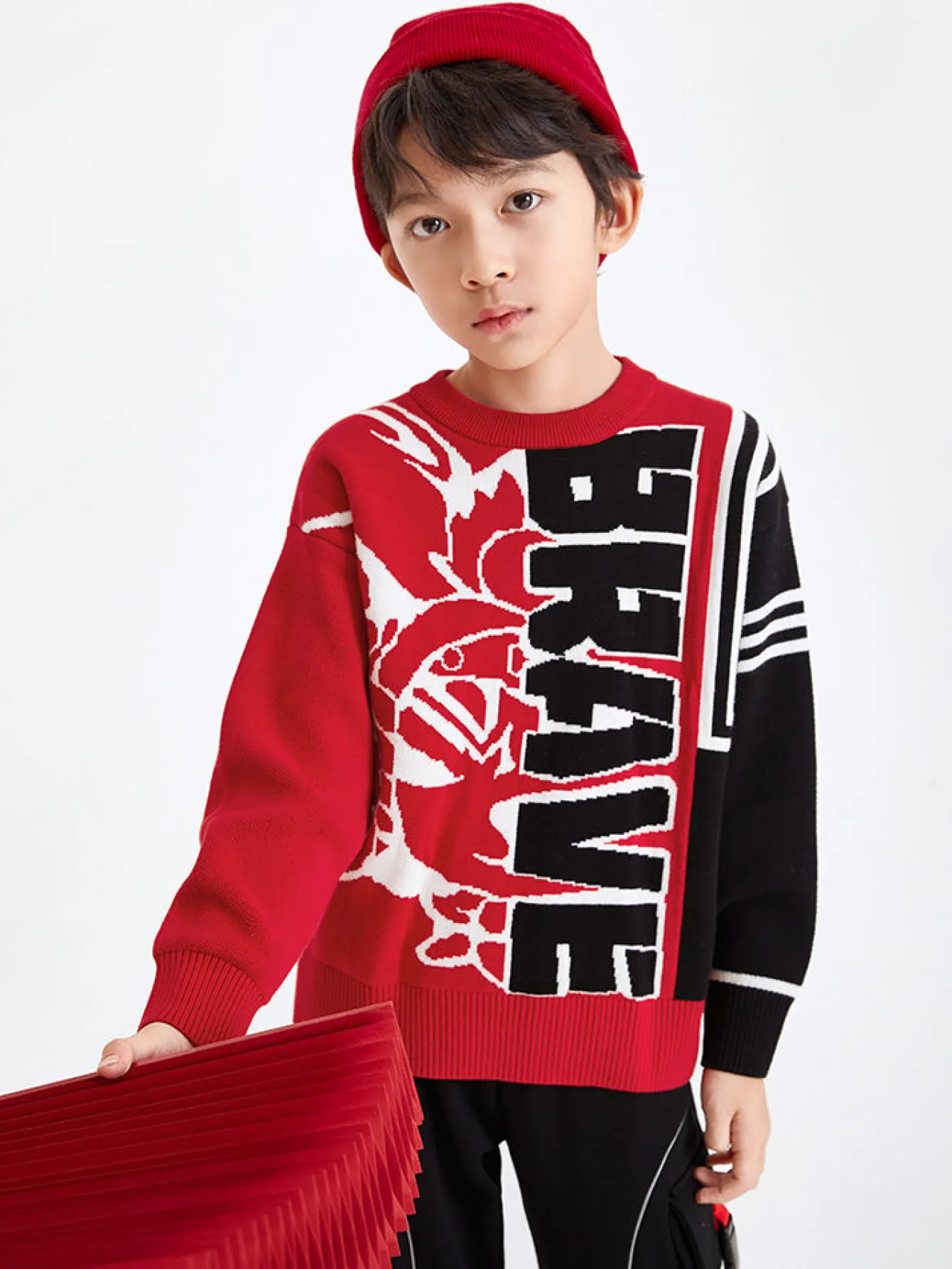 Balabala Kids Boy 100% Cotton Red Rabbit Propitious Clouds Crew Neck Jumper 7-14 Years Cheap