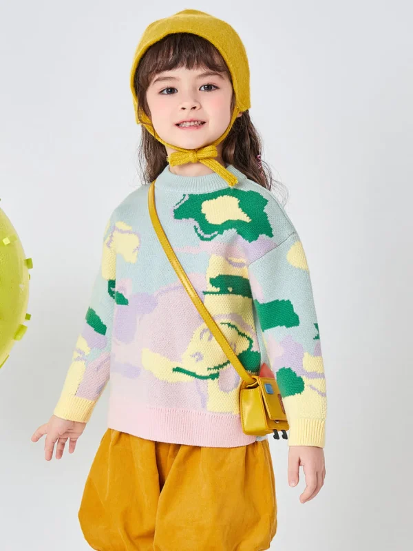 Balabala Kids Girl Abstract Artistic Printed Comfortable Sweater Yellow Green Hue Best Sale