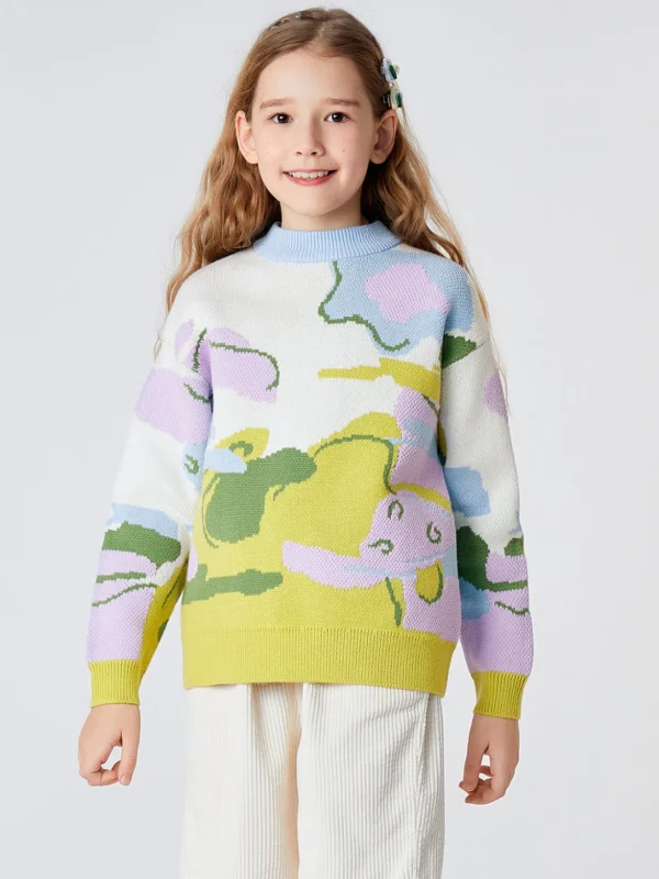 Balabala Kids Girl Abstract Artistic Printed Comfortable Sweater Blue Hue Online