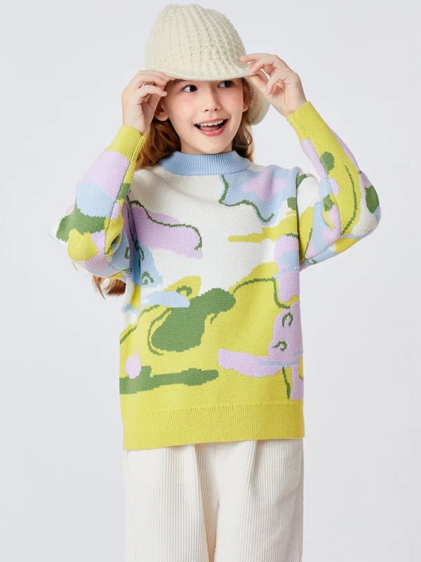 Balabala Kids Girl Abstract Artistic Printed Comfortable Sweater Blue Hue Online