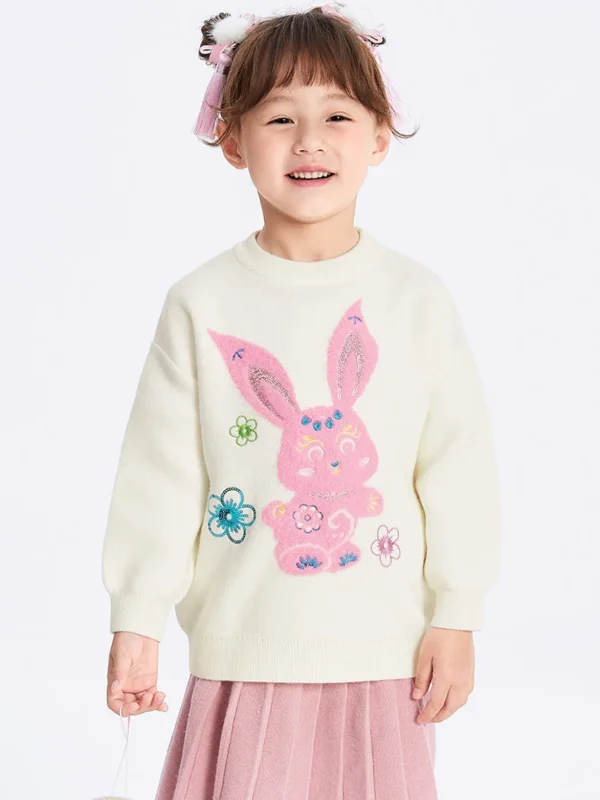 Balabala Kids Girl Bunny Graphic Lapel Sweater 7-14 Years Cheap