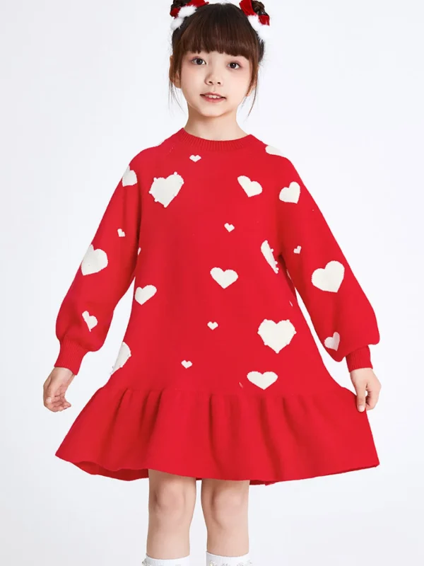 Balabala Kids Girl Love Heart Woolen Dress 7-14 Years Red Hue Fashion