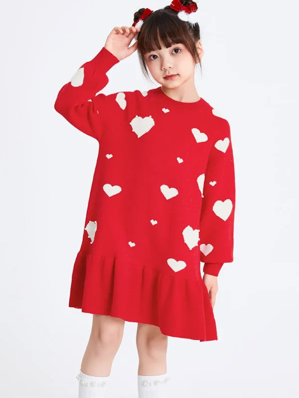 Balabala Kids Girl Love Heart Woolen Dress 7-14 Years Red Hue Fashion