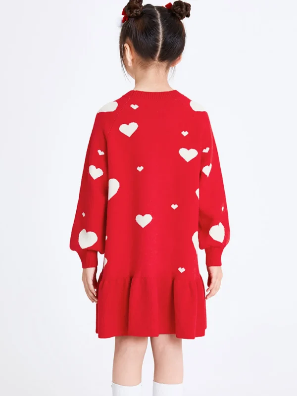 Balabala Kids Girl Love Heart Woolen Dress 7-14 Years Red Hue Fashion