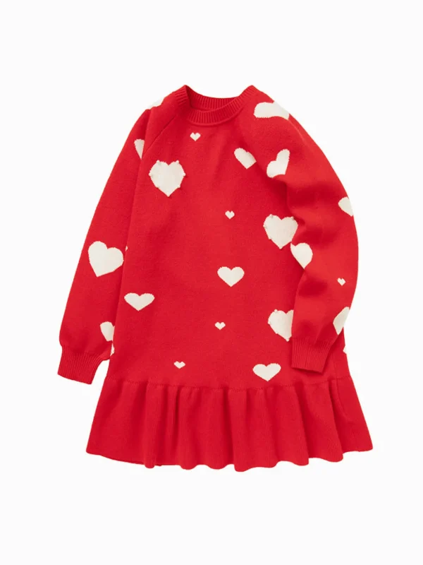 Balabala Kids Girl Love Heart Woolen Dress 7-14 Years Red Hue Fashion