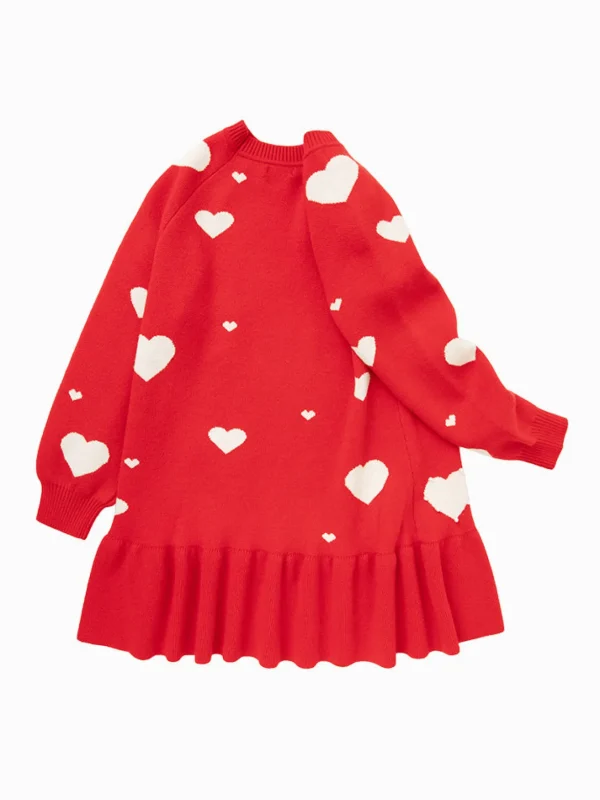 Balabala Kids Girl Love Heart Woolen Dress 7-14 Years Red Hue Fashion