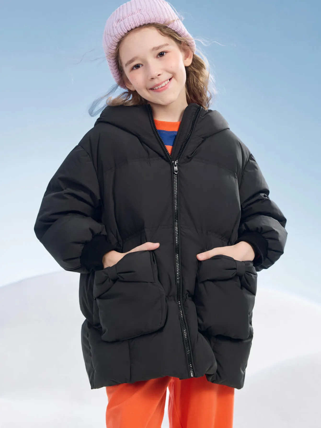 Balabala Kids Girl Puffy Shaped Bow Decorated Long Down Jacket Black Fashion