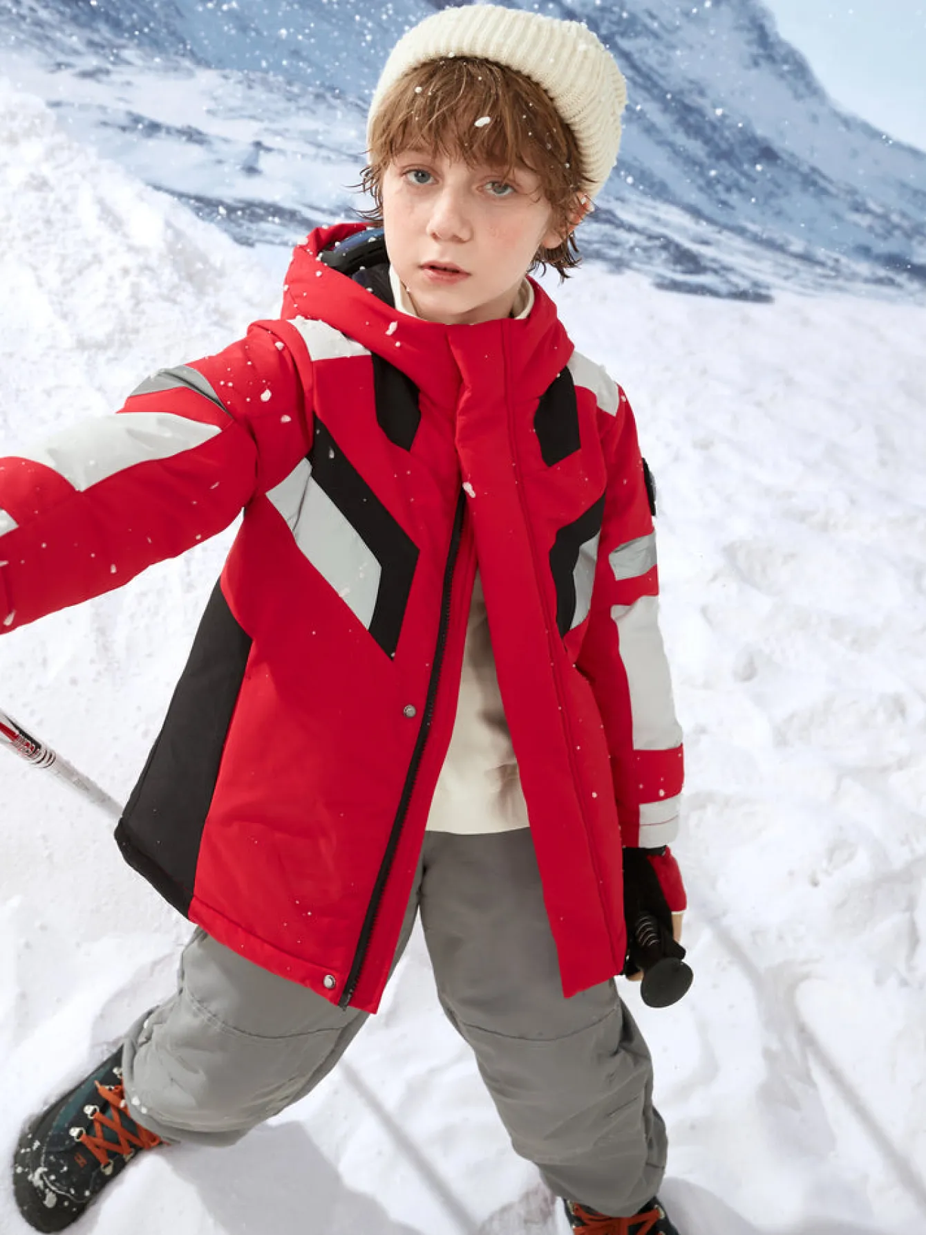 Balabala Kids Long Colorful Cold-Resistant Outdoor Down Jacket Red White Hue Clearance
