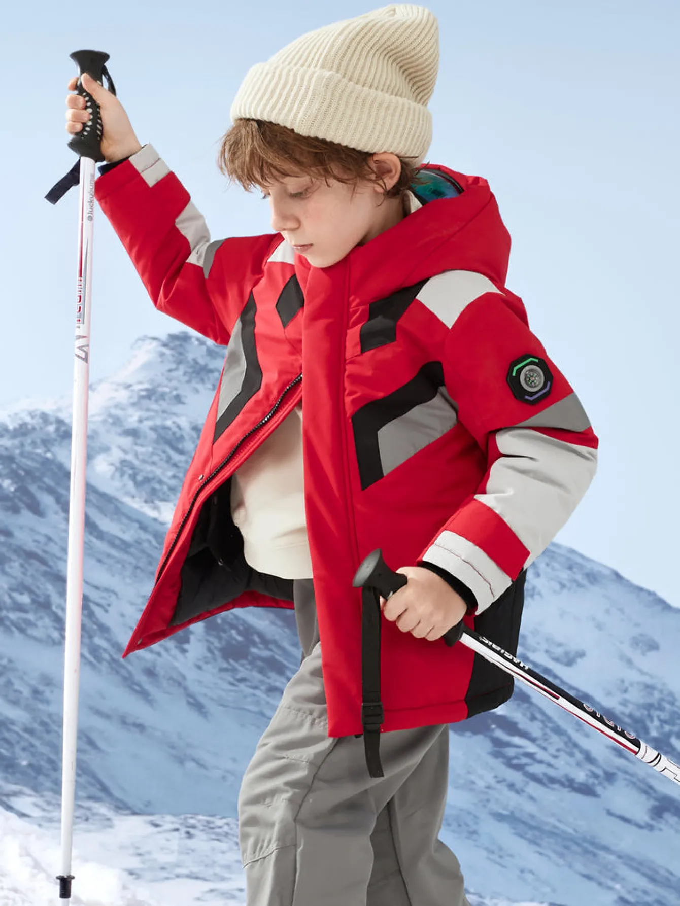 Balabala Kids Long Colorful Cold-Resistant Outdoor Down Jacket Red White Hue Clearance