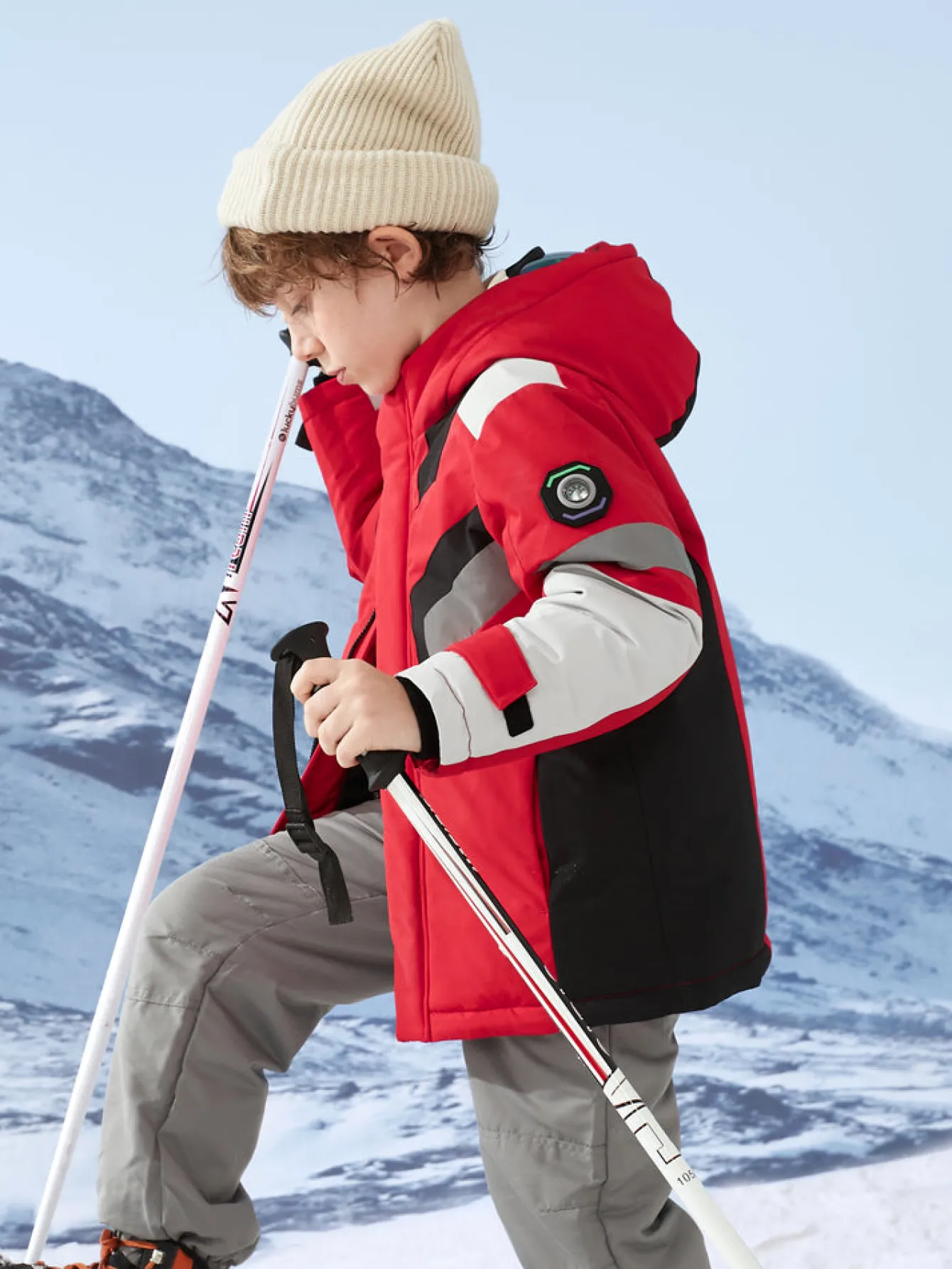 Balabala Kids Long Colorful Cold-Resistant Outdoor Down Jacket Red White Hue Clearance