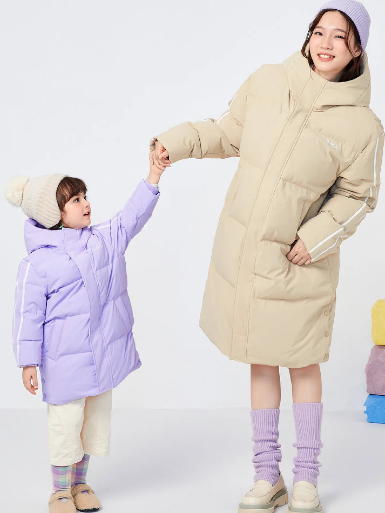 Balabala Kids Parent-Child Coloring Hooded Down Jacket Khaki New