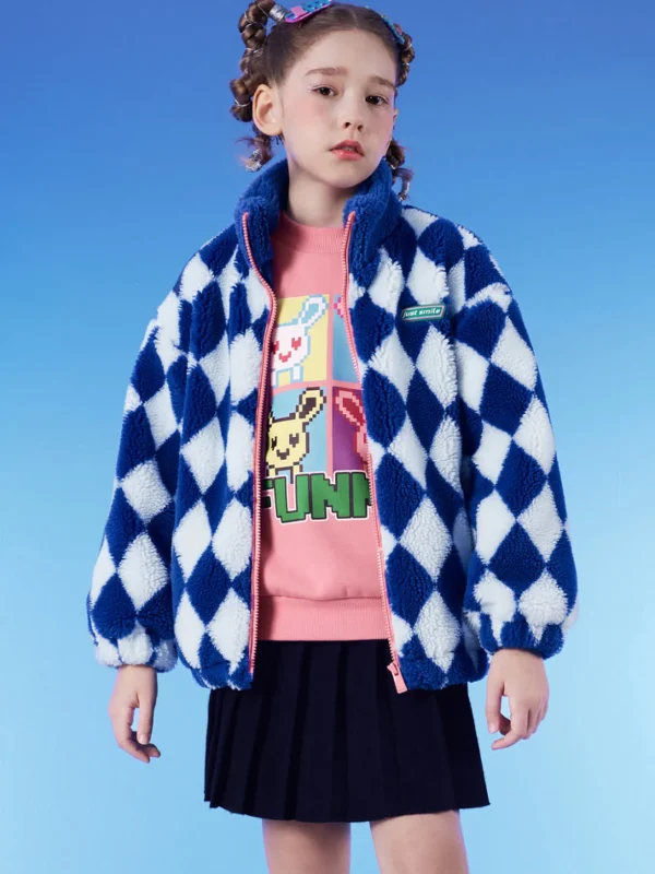 Balabala Kids Stand Collar Plaid Pattern Jacket Blue White Hue Sale