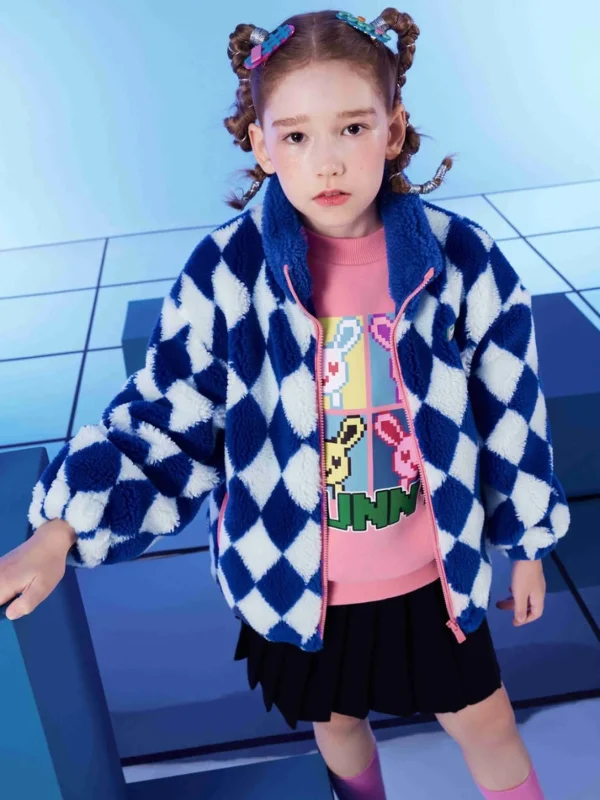 Balabala Kids Stand Collar Plaid Pattern Jacket Blue White Hue Sale