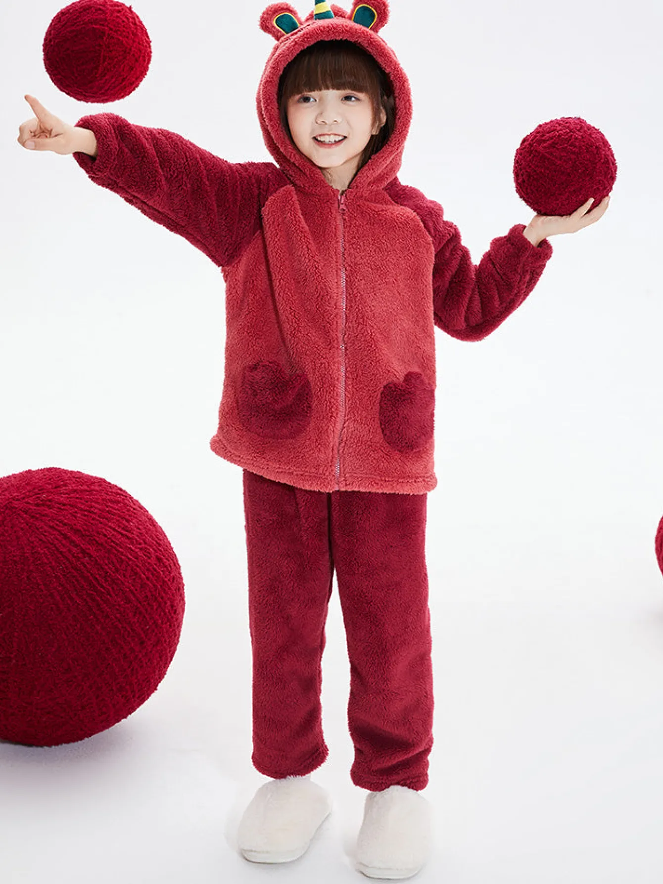 Balabala Kids Unisex Coral Fleece Animal Shape Home Wear Set 7-14 Years Red Hue Flash Sale