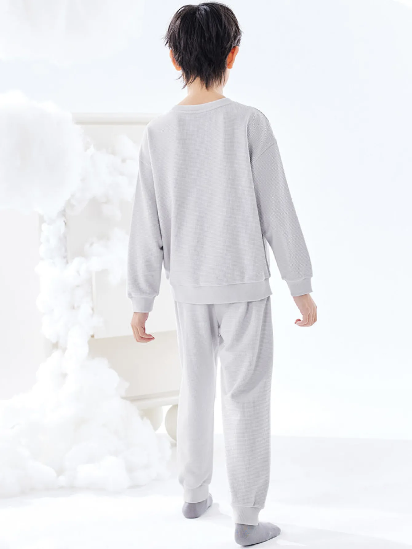 Balabala Kids Unisex Waffle Fabric Solid Colour Home Wear Set 7-14 Years Cheap