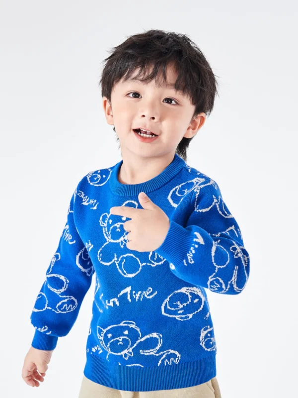 Balabala Toddler Bear Print Crew Neck Long Sleeve Sweater Blue Hue Cheap