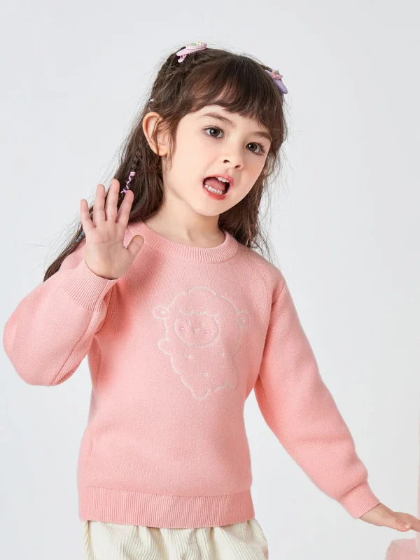 Balabala Toddler Bear Print Crew Neck Long Sleeve Sweater Pink Clearance