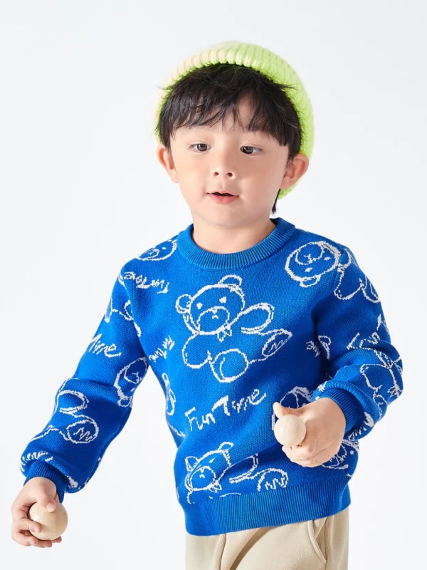 Balabala Toddler Bear Print Crew Neck Long Sleeve Sweater Blue Hue Cheap