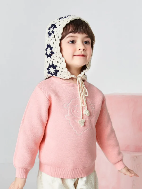 Balabala Toddler Bear Print Crew Neck Long Sleeve Sweater Pink Clearance