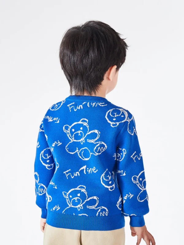 Balabala Toddler Bear Print Crew Neck Long Sleeve Sweater Blue Hue Cheap