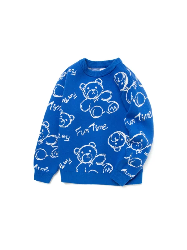 Balabala Toddler Bear Print Crew Neck Long Sleeve Sweater Blue Hue Cheap