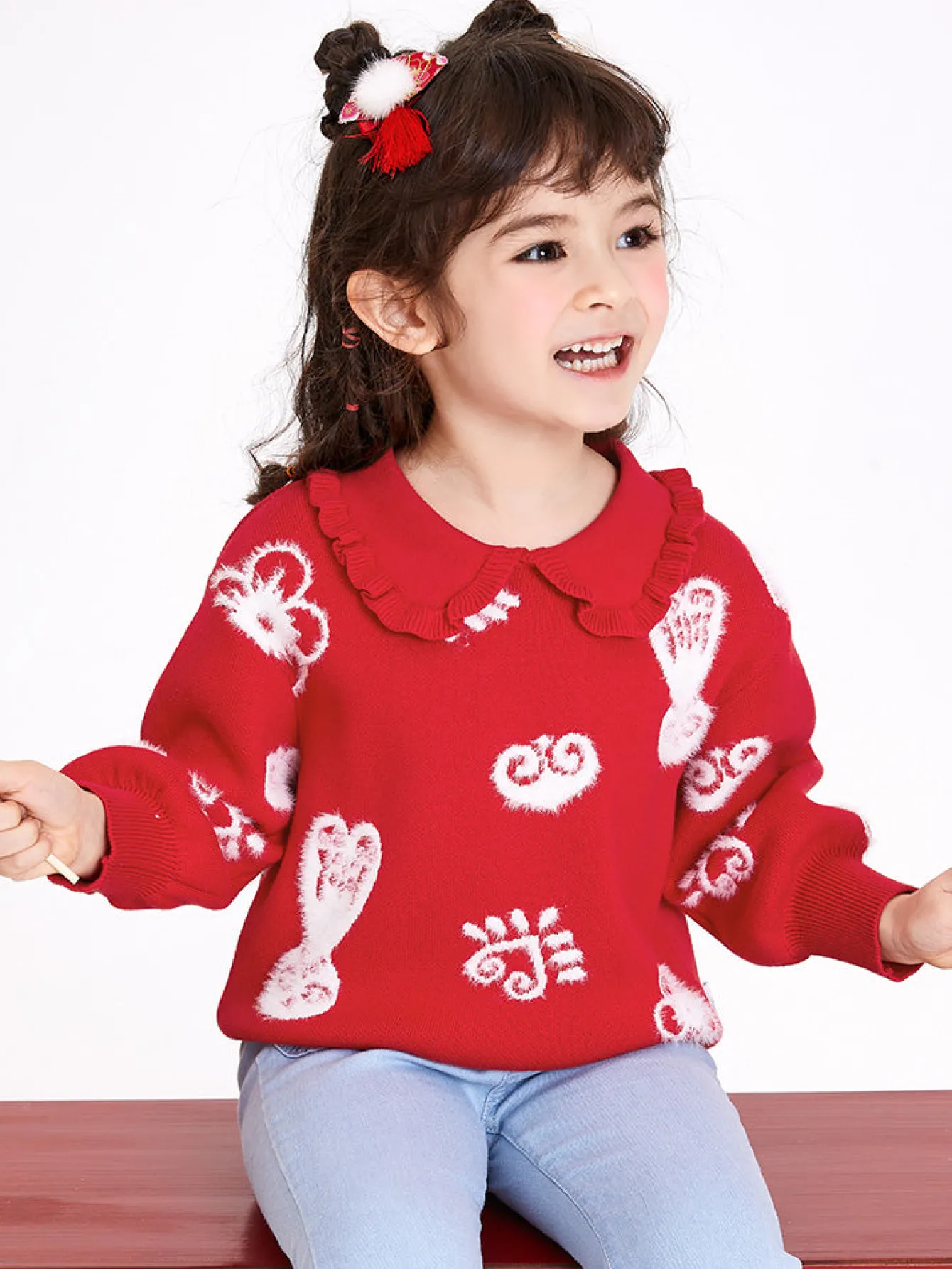 Balabala Toddler Girl 100% Cotton Chinese Zodiac Rabbit Lapel Sweater 2-8 Years Clearance