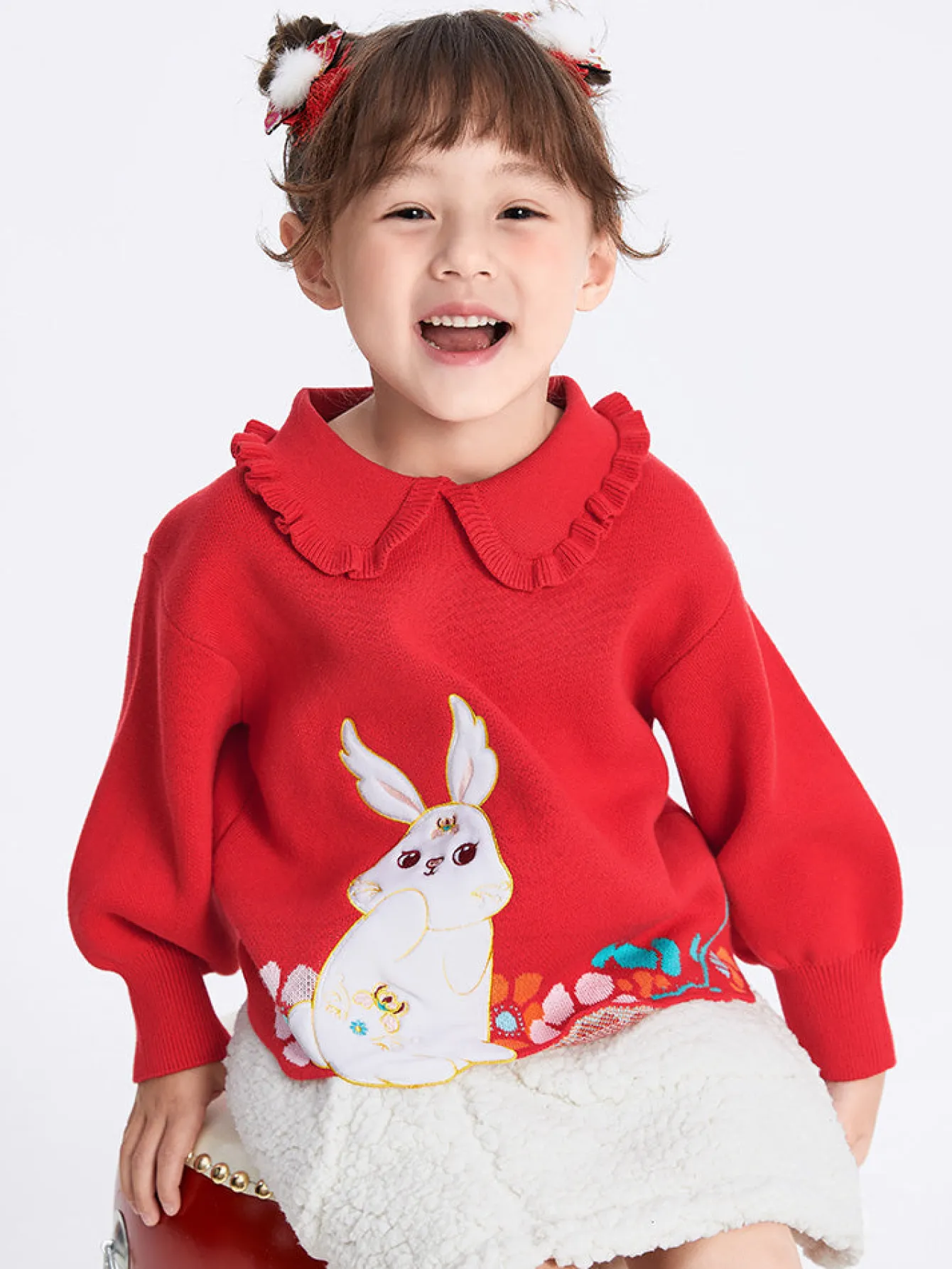 Balabala Toddler Girl 100% Cotton Chinese Zodiac Rabbit Lapel Sweater 2-8 Years Clearance