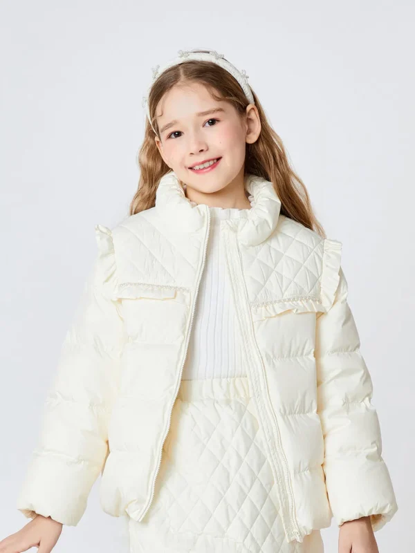 Balabala Toddler Girl Bud Collar Pearl Lace Down Jacket White Hue Sale