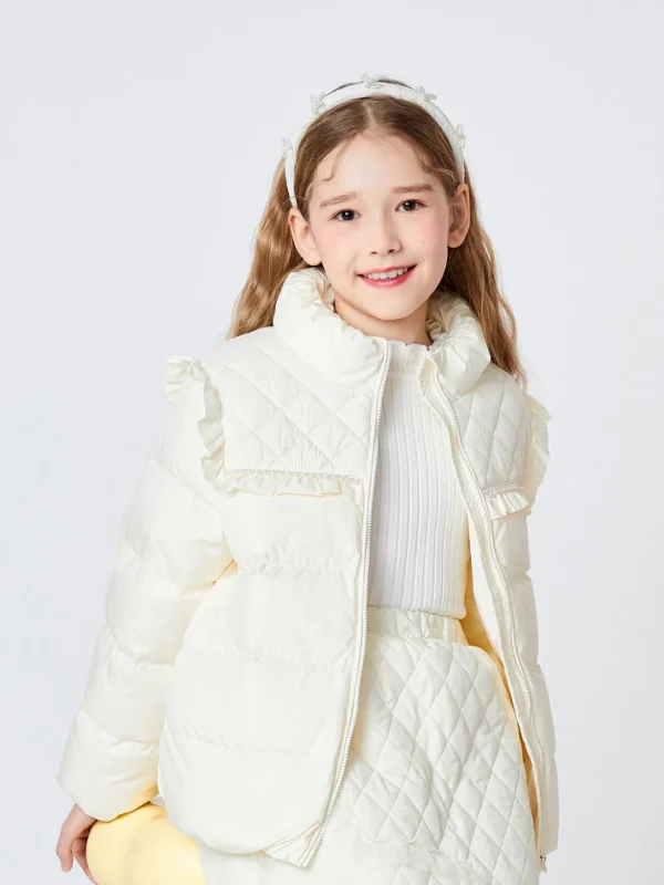 Balabala Toddler Girl Bud Collar Pearl Lace Down Jacket White Hue Sale