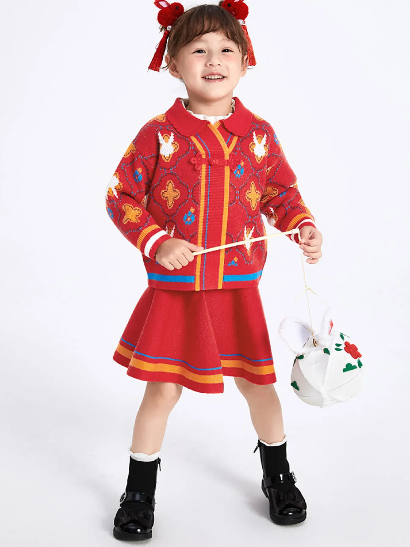 Balabala Toddler Girl Chinese Zodiac Rabbit Woolen Long Sleeve Set 2-8 Years Red Hue Fashion