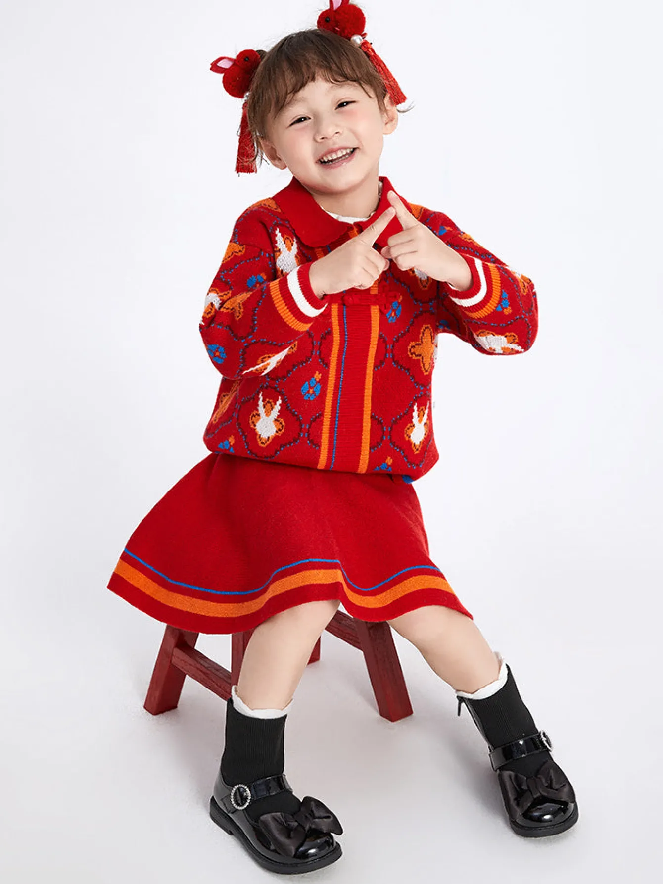 Balabala Toddler Girl Chinese Zodiac Rabbit Woolen Long Sleeve Set 2-8 Years Red Hue Fashion