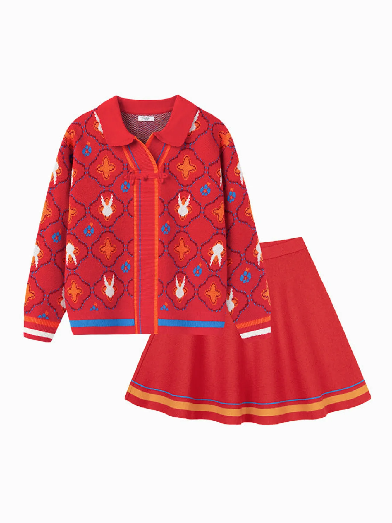 Balabala Toddler Girl Chinese Zodiac Rabbit Woolen Long Sleeve Set 2-8 Years Red Hue Fashion