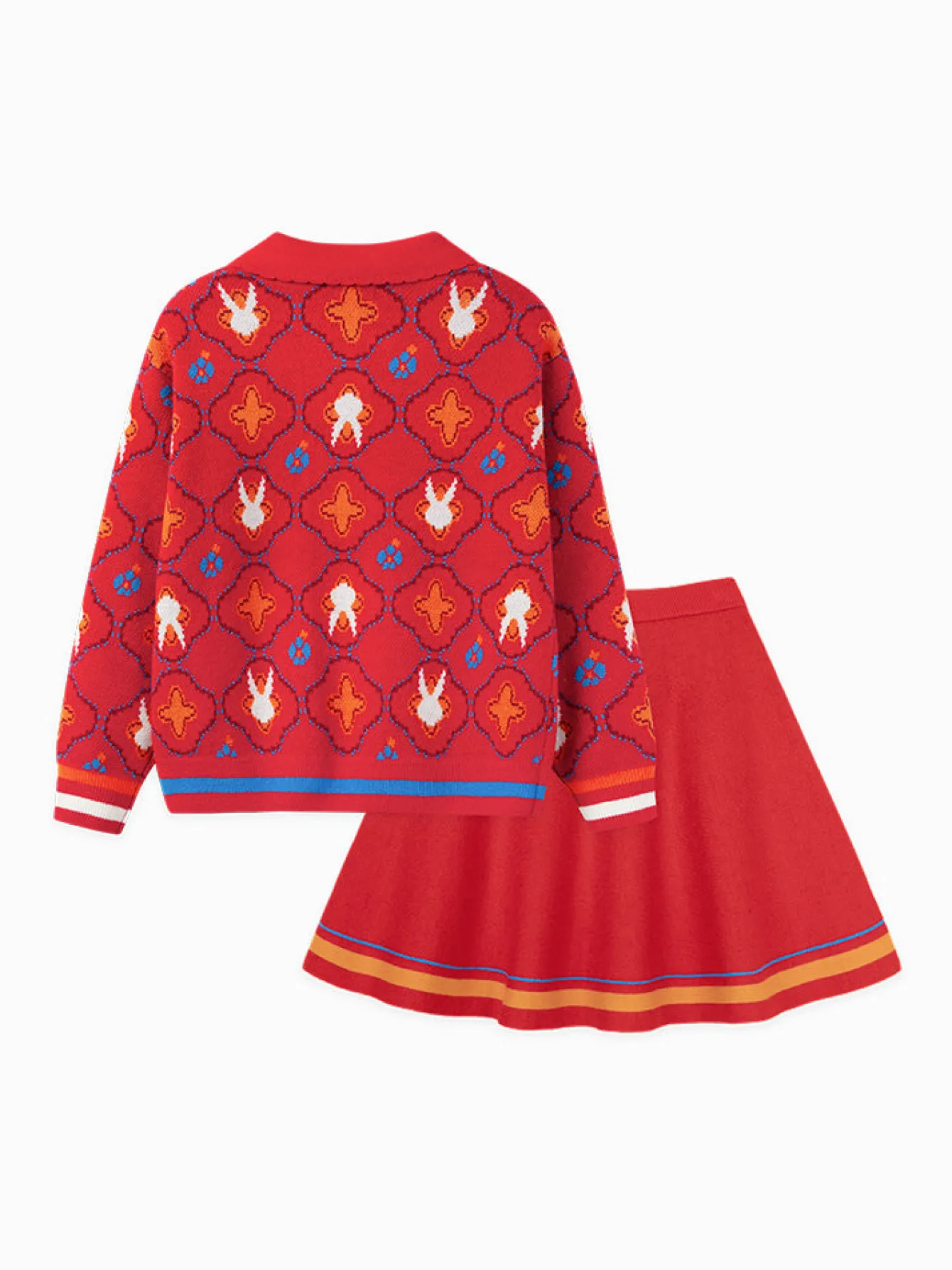 Balabala Toddler Girl Chinese Zodiac Rabbit Woolen Long Sleeve Set 2-8 Years Red Hue Fashion
