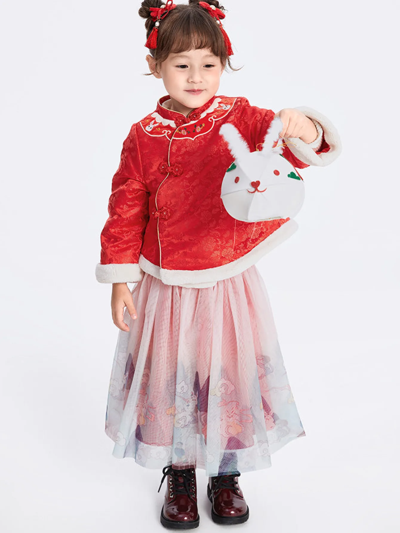 Balabala Toddler Girl Jacquard Traditional Chinese Painting Long Sleeve Woven Set 2-8 Years Chinese Red Fashion