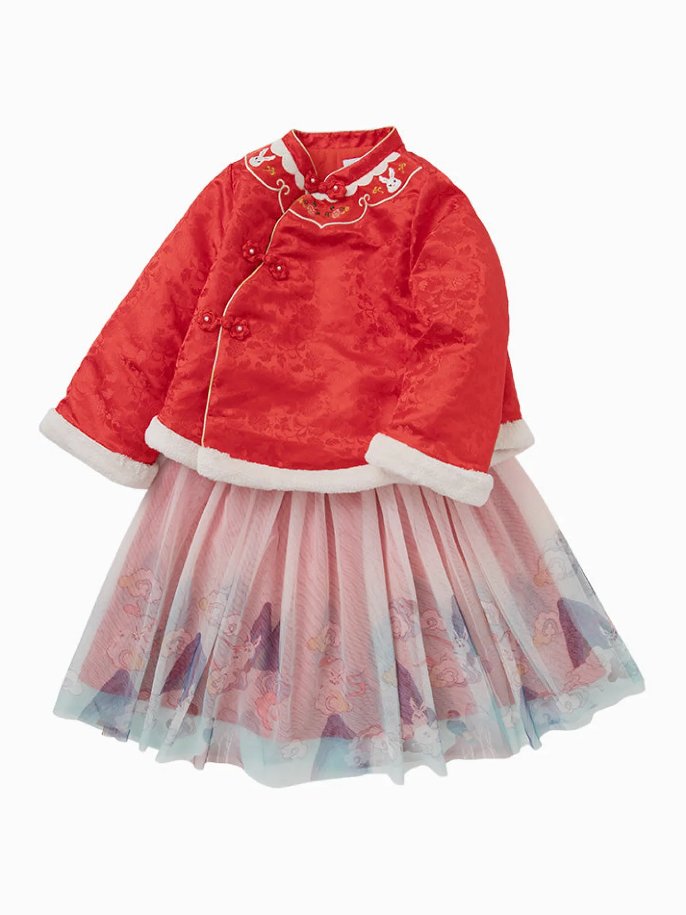 Balabala Toddler Girl Jacquard Traditional Chinese Painting Long Sleeve Woven Set 2-8 Years Chinese Red Fashion